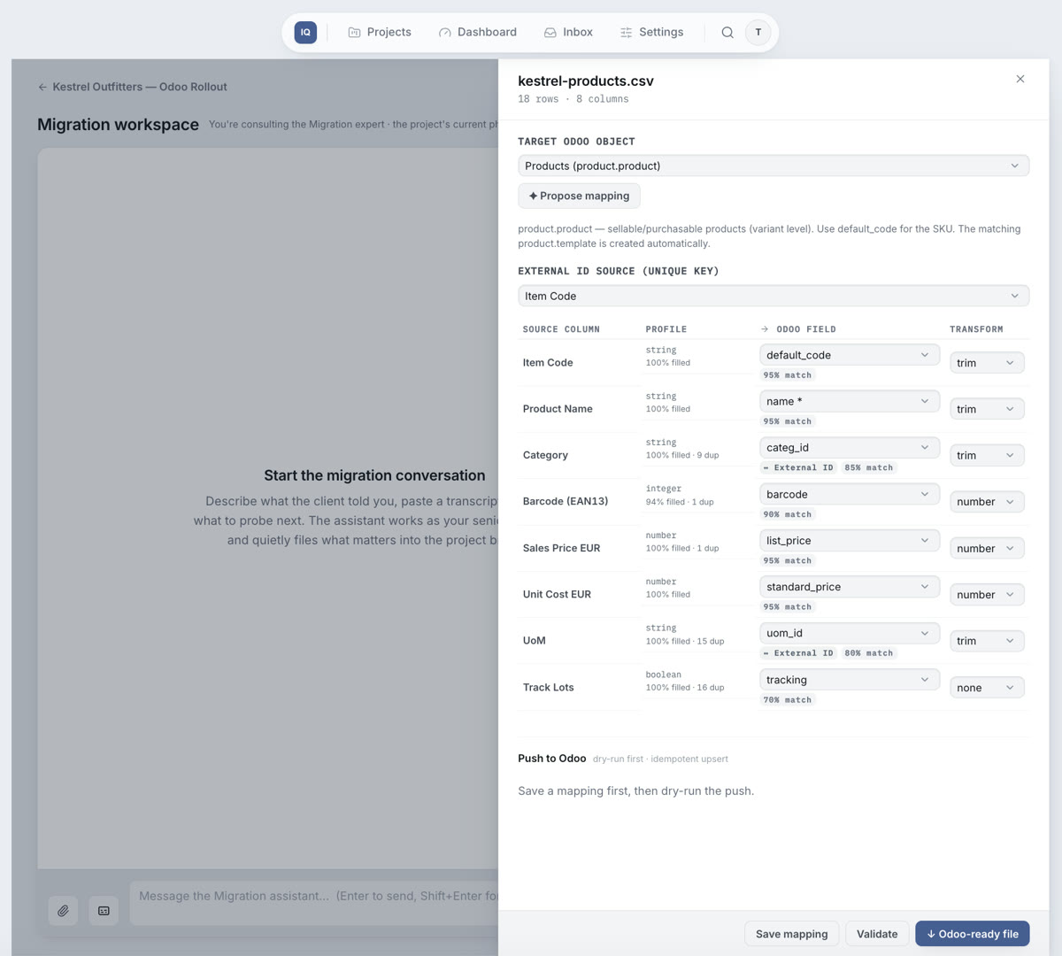 Migration — a messy spreadsheet mapped to Odoo fields